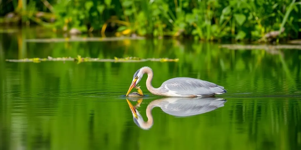 Ein Fischreiher beim Fangen von Fischen am See.