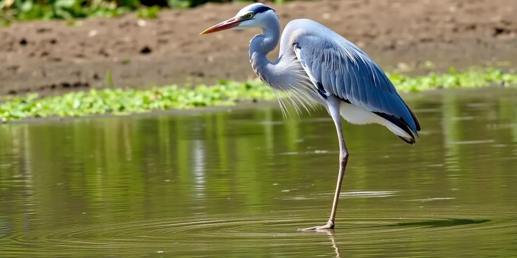 Ein Fischreiher steht im Wasser.
