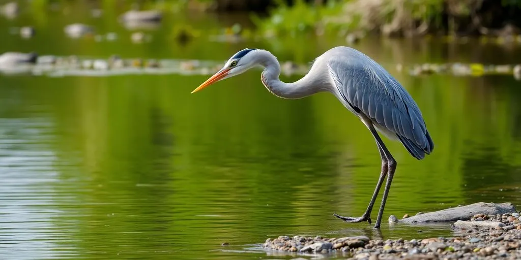 Fischreiher fängt Fische am Gewässer.
