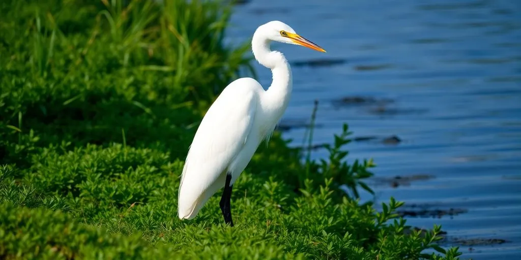 weißer Fischreiher am Wasser